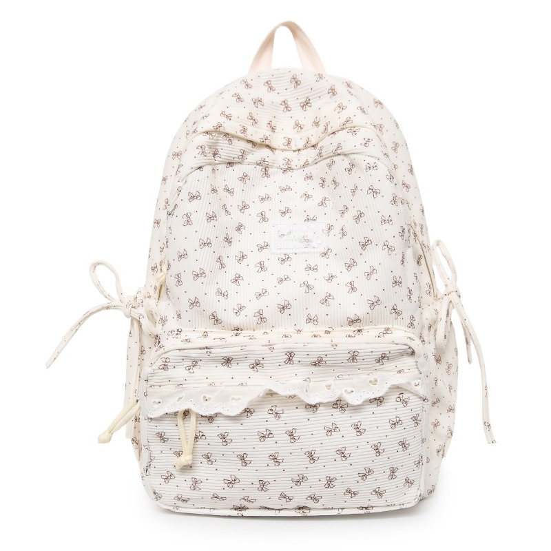 Women'S Young Bags - Winter Corduroy Backpack Bow-print Lace Kawaii