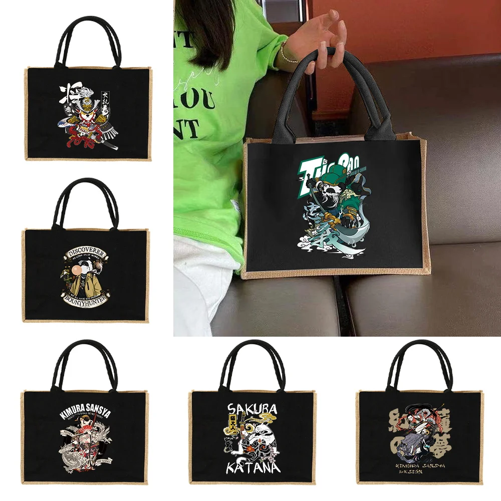 Women Bags Jute - Linen Tote Shopping Bag Samurai Pattern