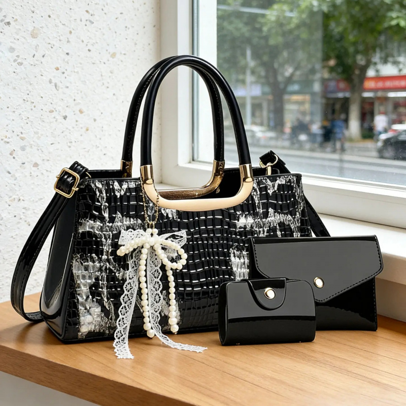 Women Bags Leather - Women's Handbag Set, Crocodile Pattern Evening
